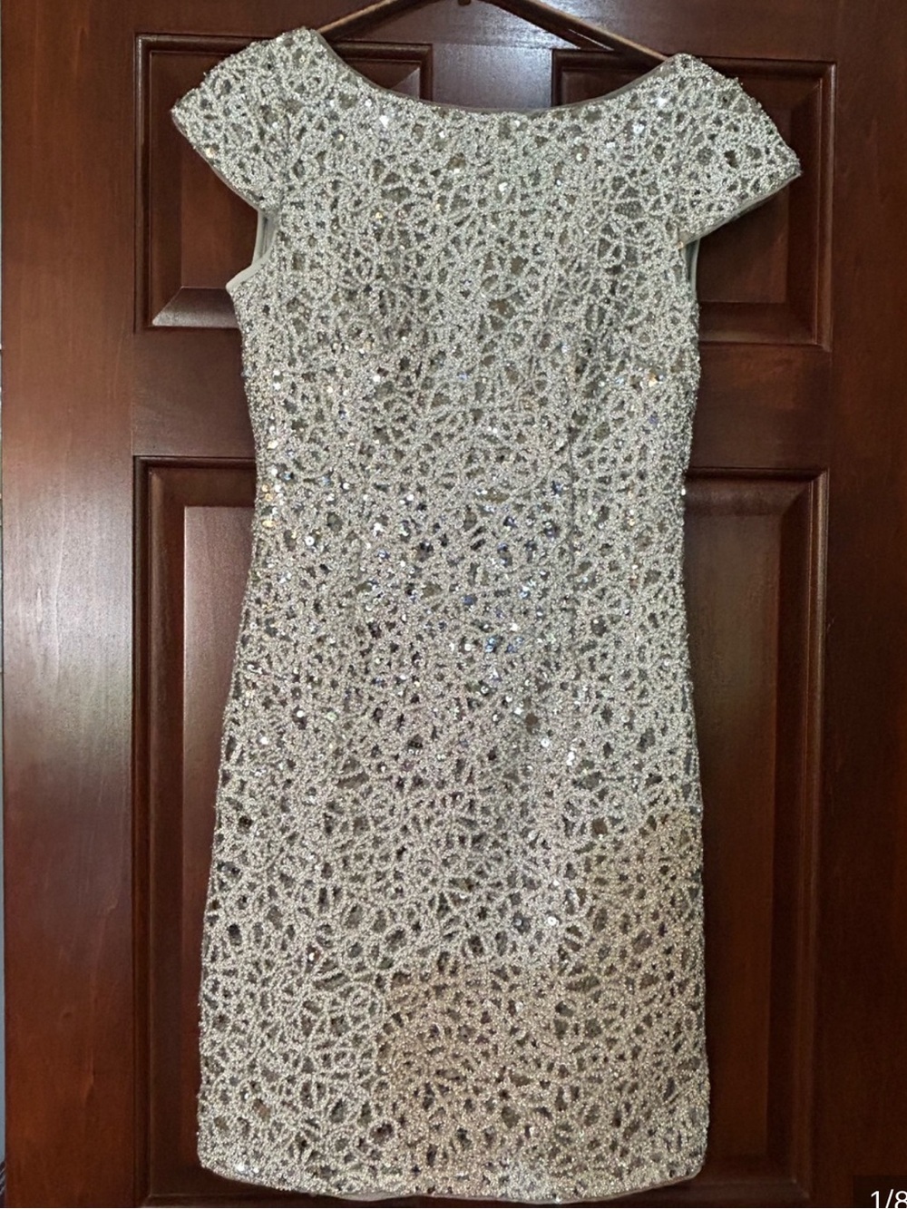 Adrianna Papell Silver Beaded Cap-Sleeve Sheath Dress
